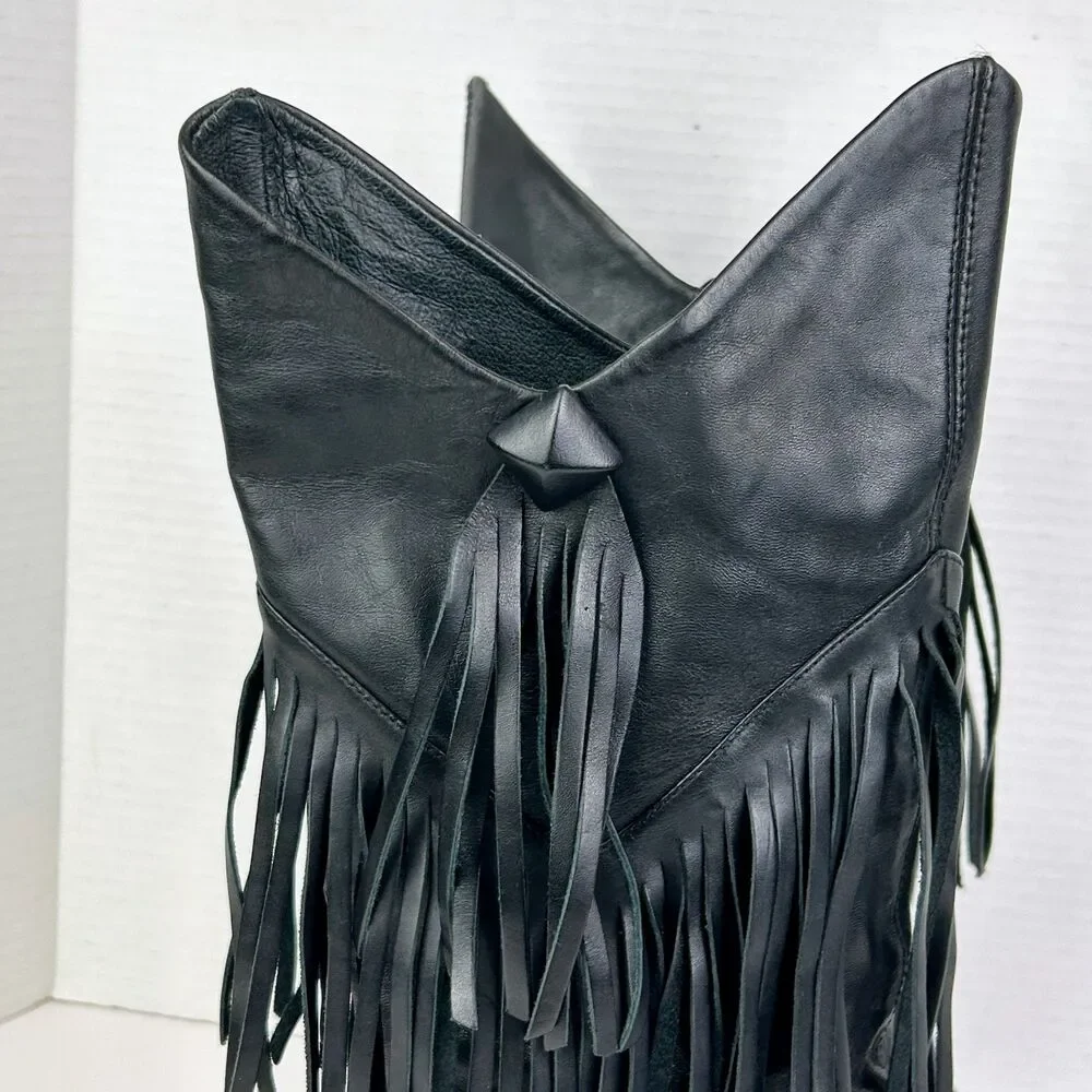 Pour La Victoire Western Cowboy Boots Mid Calf Fringe Leather Pointed Toe 7.5